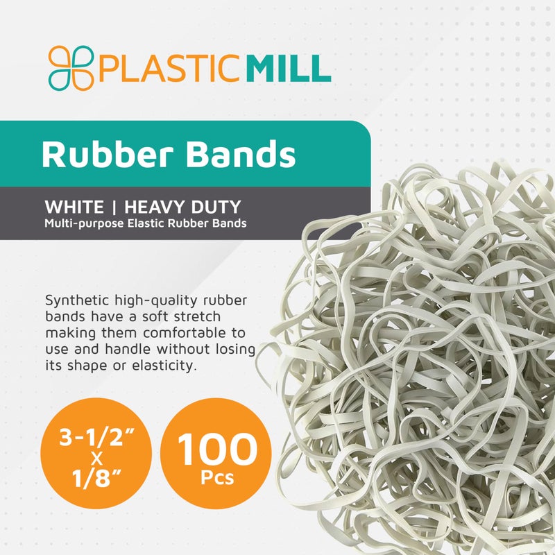 PlasticMill White Rubber Bands Size 33 (3 1/2" x 1/8") - #33 Rubber Bands Office Supplies - Strong, Elastic Bands for Crafts, Balloon Garland, Cash, File Folders (100-Pack) - Image 2